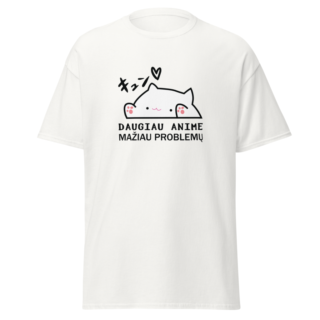 Marškinėliai su užrašu "Daugiau anime, mažiau problemų"